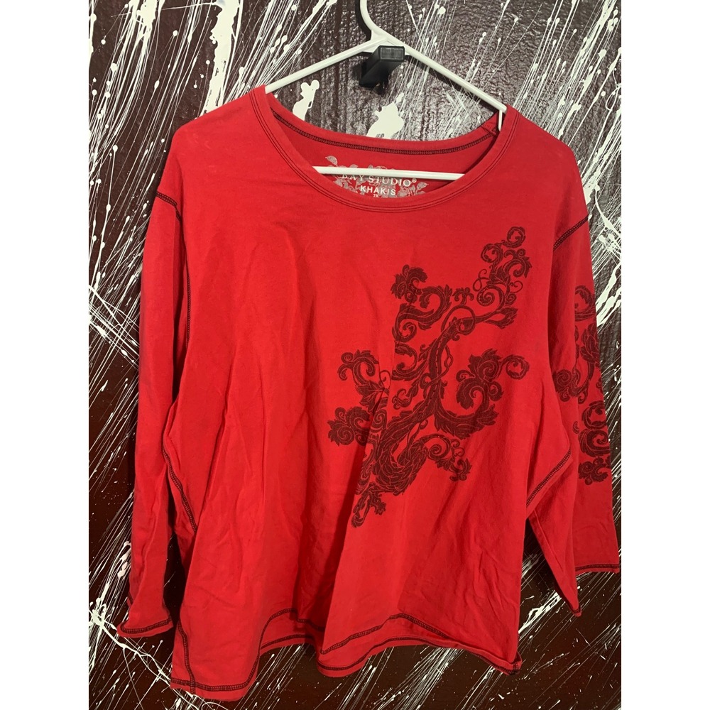 Bay Studio Khakis Womens 2X Red Filigree Graphic Long Sleeve Top T-Shirt 2370